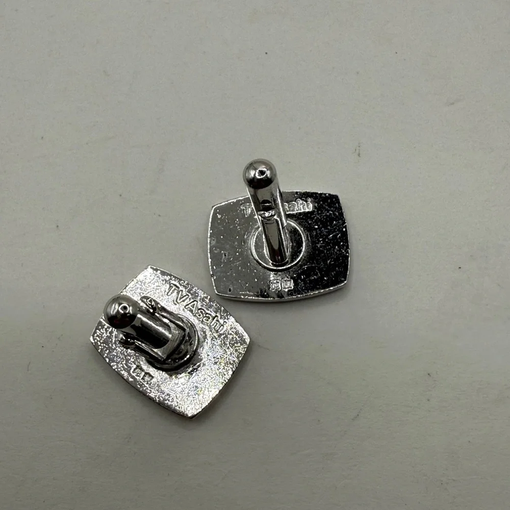 Vintage TV Asahi Cufflinks & Tie Clip Set Blue Enamel Silver Tone Japanese Media